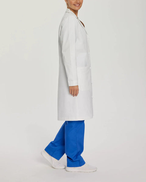 Side view of Womens Knot Button Lab Coat 36 And A Quarter Inch White Work Ready Scrub Coat With Fabric Knot Closure Missy Fit Notched Collar