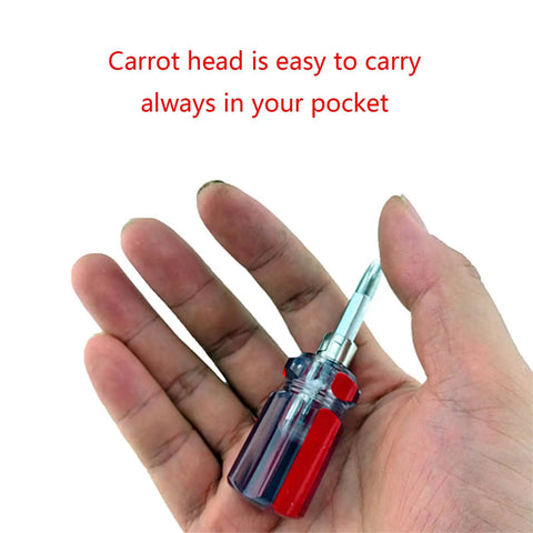 Hand holding Grab And Go Mini Screwdriver Set For Home DIY And Quick Fixes, Double Ended With Flathead And Phillips Tips.