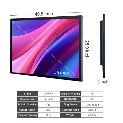Next Level 55 Inch Interactive Touchscreen Monitor With Slick 4K Smart Board Display dimensions and details.