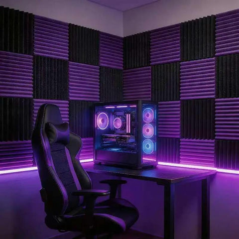 Big Time Kickass 52 Pack Acoustic Foam Wedge Tiles 12X12 Inches Black And Purple Sound Absorbing Panels For Home Studio Setup Includes Heavy Duty Double Sided Adhesive Tape For Pro Acoustics in a modern studio with gaming chair.
