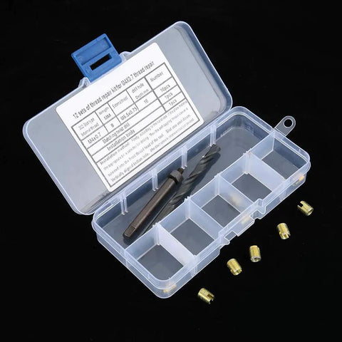 12 Piece M4x0.7 Thread Repair Kit with self-thread inserts drill bit and installation tool displayed in a clear plastic case