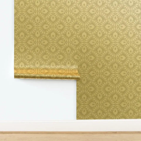 Glow Up Your Space With Top Shelf Abstract Scalloped Gold Metallic Wallpaper For Modern Interiors Eco Friendly PVC Free Wallcoverings Made In America Paste The Wall Ready, showcasing a rolled edge detail.