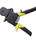 One Hand Cinch Clamp Tool For PEX Tubing 3/8 Inch To 1 Inch in black with yellow grips, durable aluminum build, side view