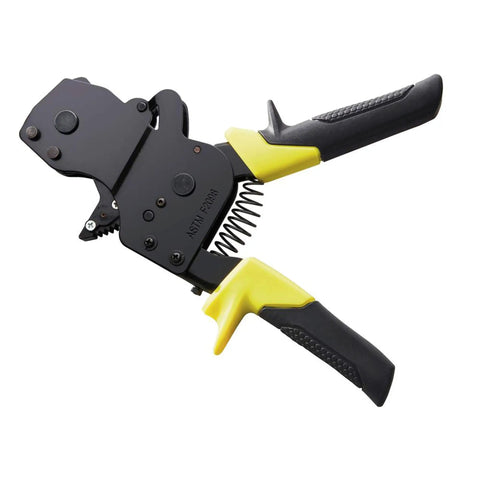 One Hand Cinch Clamp Tool For PEX Tubing 3/8 Inch To 1 Inch in black with yellow grips, durable aluminum build, side view