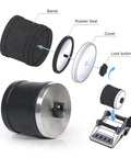Diagram of Electric Rock Tumbler Kit with Polisher showing barrel, rubber seal, cover, and lock button components.