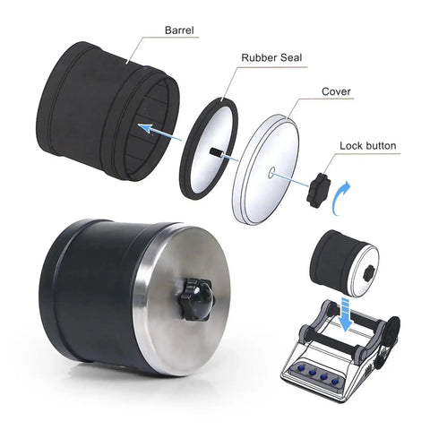 Diagram of Electric Rock Tumbler Kit with Polisher showing barrel, rubber seal, cover, and lock button components.
