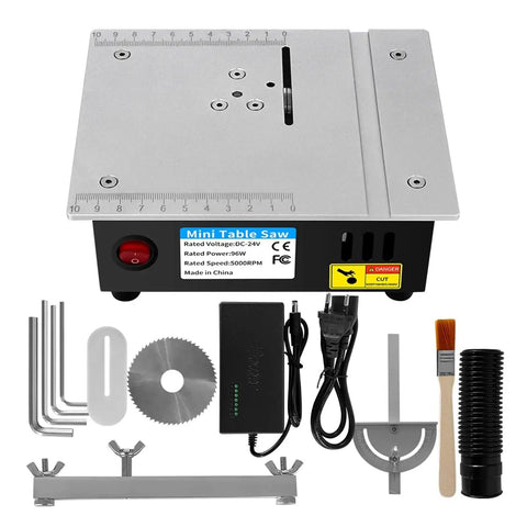 Compact Mini Table Saw With 24V Motor And 63mm Blade For Quick Woodwork Projects Featuring Easy Forty Five Degree Angled Cuts Plus Built In Safety Guard