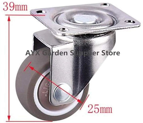 Four Piece Furniture Casters With Soft Rubber Swivel Wheels Features Smooth Rollin Glide And Solid Shock Absorption While Keeping Your Floors Scratch Free During Quick Room Makeovers, 39mm height, 25mm wheel diameter, with metal bracket.