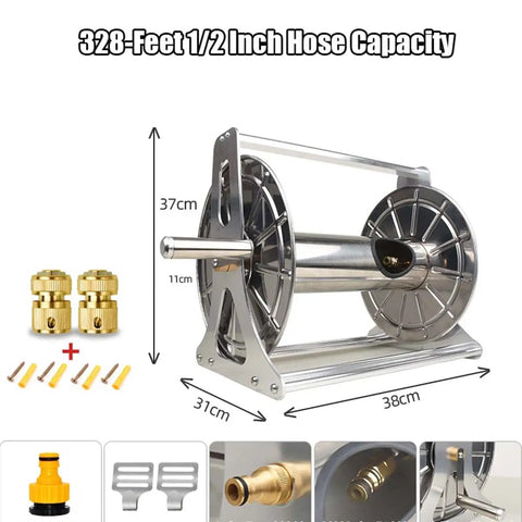 Heavy Duty Stainless Steel Garden Hose Reel With 10 Pattern Spray Nozzle, 328 feet capacity, wall mount or floor use.
