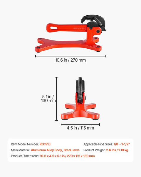 Portable Aluminum Pipe Vise for Onsite Plumbing Jobs, side view showing dimensions, ultra lightweight clamp tool weighing 2.6 lb