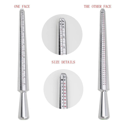 Ring Sizer Kit With 27 Piece Gauge Set For Finger Sizing Aluminum Mandrel and Stainless Steel Gauge showing US and EU sizes
