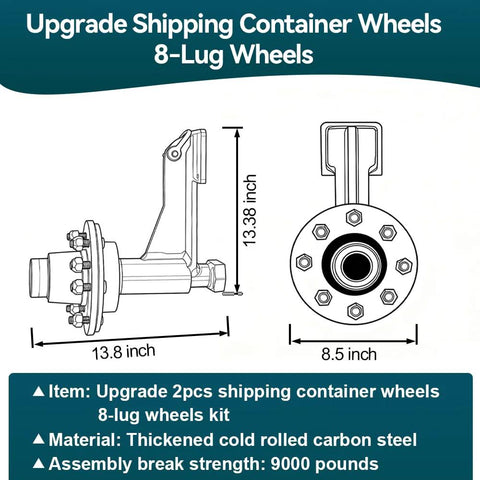 Diagram of Heavy Duty 2 Pack Shipping Container Wheels Kit With 8-Lug Axles, dimensions, and material specs for handling containers.