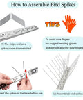 Instructional image showing assembly steps for stainless steel bird spikes deterrent strips for roofs and fences, including safety tips.