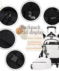 Three Piece Boys Rolling Backpack Set For School And Travel With Six Wheel Trolley Design showing details like zippers, charm, and fabric.