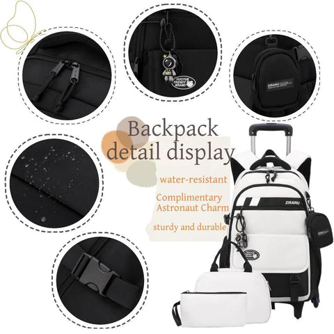 Three Piece Boys Rolling Backpack Set For School And Travel With Six Wheel Trolley Design showing details like zippers, charm, and fabric.