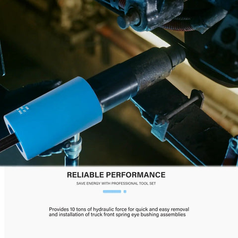 Close-up of Front Leaf Spring Pin And Bushing Service Kit for trucks in use, showing hydraulic tool applying 10-ton force.
