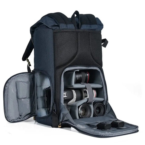 Large Capacity Multi Functional Waterproof Camera Backpack Travel Bag For SLR Gear with open compartments showing lenses