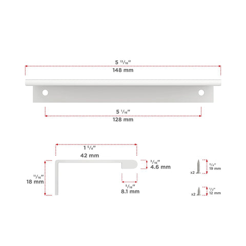 White Modern Cabinet And Drawer Edge Pull Handle Center To Center Five And One Sixteenth Inch 128 Mm dimensions diagram