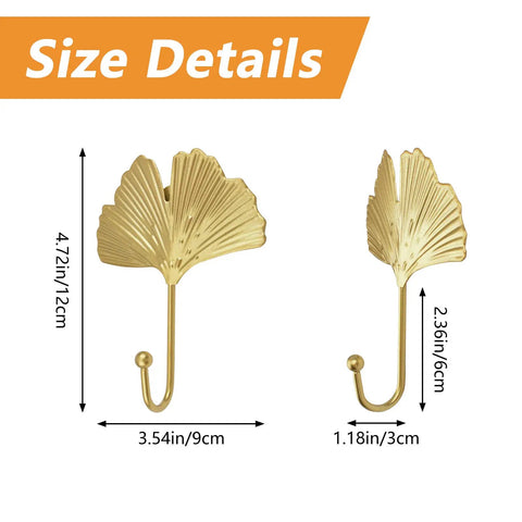 Size details of Ginkgo Leaf Wall Hooks Four Piece Iron Gold Key Holder And Hat Hanger with measurements in inches and cm.