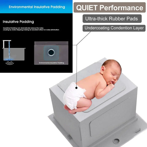 Illustration of insulating padding and a baby on a Stainless Steel Bar Sink 15 x 15 Inch Drop In Topmount Workstation Single Bowl.