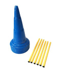Image showing parts of a Dog Cone And Pole Agility Set For All Sizes, Adjustable Jumps, including blue cones and yellow poles.