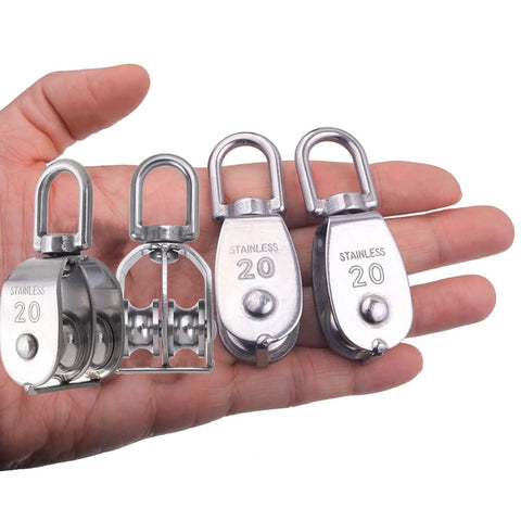 4 Pack M20 Pulley Block Set With 2 Single Pulleys And 2 Double Pulleys, Stainless Steel, Built Tough, Rust And Corrosion Resistant, 360 Degree Rotating, Rugged Shockproof Hardware For Heavy Duty Lifting And Rigging. 74mm, hand-held
