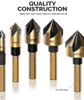 Pro Grade 5 Piece Countersink Drill Bit Set Featuring Quarter Inch Tri Flat Quick Change Shank And 82 Degree Cutting Angle, showing five bits in various sizes.