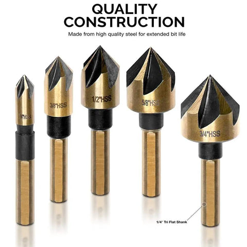 Pro Grade 5 Piece Countersink Drill Bit Set Featuring Quarter Inch Tri Flat Quick Change Shank And 82 Degree Cutting Angle, showing five bits in various sizes.