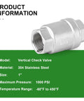 Vertical check valve, front view, 1-inch female threaded, 304 stainless steel, backflow prevention.