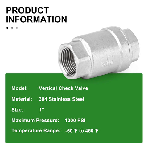 Vertical check valve, front view, 1-inch female threaded, 304 stainless steel, backflow prevention.