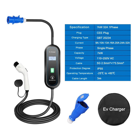 Heavy Duty Portable EV Charger With Type Two To Type One Adapter 7kW 32Amp features a 5m cable and IP55 weatherproof design.