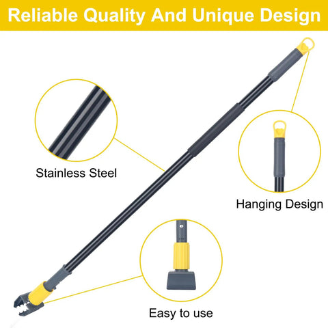Heavy Duty Metal Mop Handle 58 Inch Industrial Mop Stick with Jaw Clamp Grip, stainless steel, yellow details, for janitorial use.