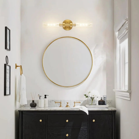 Brushed Gold Bathroom Vanity Light Fixture 2 Light Dope Modern Wall Sconce With Clear Glass Tubes Brass Wall Mount in bathroom
