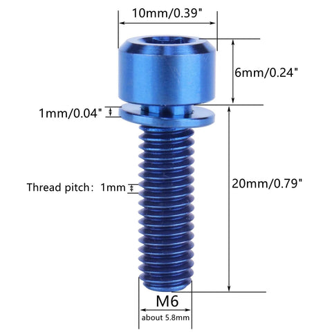 Blue titanium M6 bicycle bolt with Allen hex pillar head, 20mm length, pack of 4