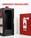 Heavy Duty Fire Extinguisher Cabinet With Alarm And Secure Lock Featuring Clear Breakable Acrylic Window, solid matte black build with emergency sign included.