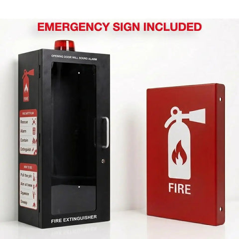 Heavy Duty Fire Extinguisher Cabinet With Alarm And Secure Lock Featuring Clear Breakable Acrylic Window, solid matte black build with emergency sign included.
