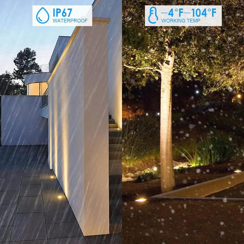 5W In-Ground Well Light Kit With 12 Pack 24V Connectors IP67 Waterproof landscape lighting illuminating a modern yard and tree