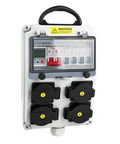 Front view of Heavy Duty 110V Power Distribution Box With NEMA 5-20 Outlet, IP54 Weatherproof Electrical Panel for construction sites.