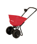 Red Deluxe Heavy-Duty Walk-Behind Commercial Broadcast Spreader With 80 Lb Capacity, pre-assembled with 10-inch poly tires.