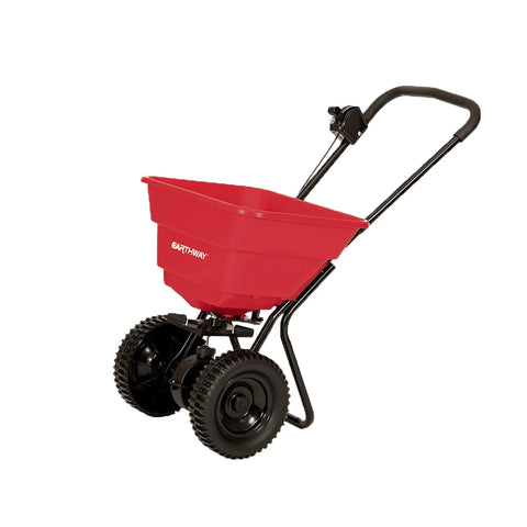 Red Deluxe Heavy-Duty Walk-Behind Commercial Broadcast Spreader With 80 Lb Capacity, pre-assembled with 10-inch poly tires.