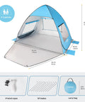 UPF 50+ Pop Up Beach Tent Auto Sun Shelter for 2 to 3 People with carry bag, stakes, and wind ropes.