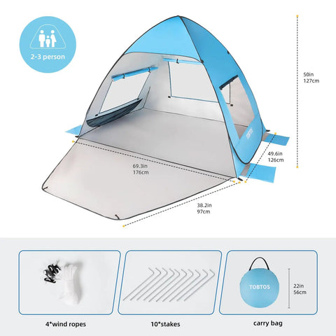 UPF 50+ Pop Up Beach Tent Auto Sun Shelter for 2 to 3 People with carry bag, stakes, and wind ropes.