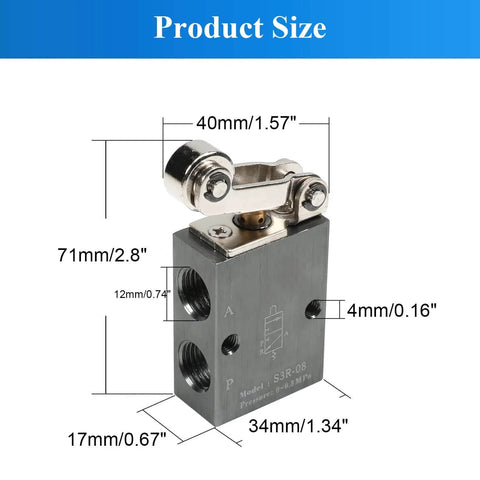 Pneumatic Air Control Solenoid Valve S3R08 3 Way 2 Position Roller Lever Arm Valve size dimensions aluminum body