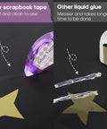 Comparison of Double Sided Craft Tape Roller Kit vs liquid glue for scrapbooking and card making with gold star on black background