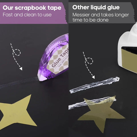 Comparison of Double Sided Craft Tape Roller Kit vs liquid glue for scrapbooking and card making with gold star on black background