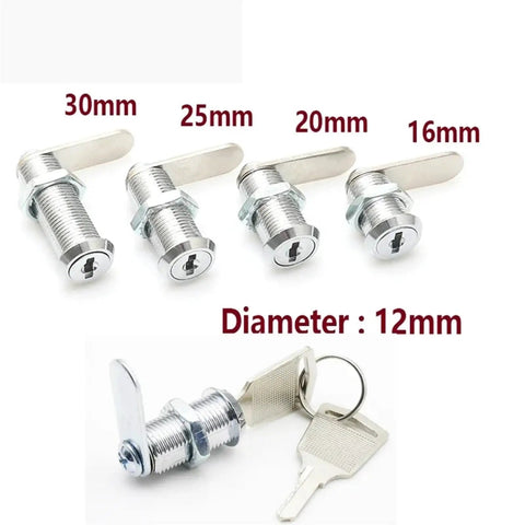 Mini Cam Lock With Two Keys For Cabinet And Drawer Hardware 12mm Diameter Zinc Alloy, multiple sizes shown with keys