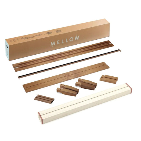 Queen Platform Bed Frame Low Profile Solid Pine Wood assembly kit with wooden slats and connectors for easy setup.