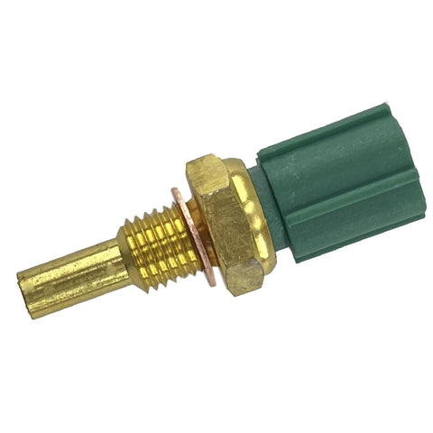 Close-up of engine coolant temperature sensor (ECT) with brass threaded stem and green connector