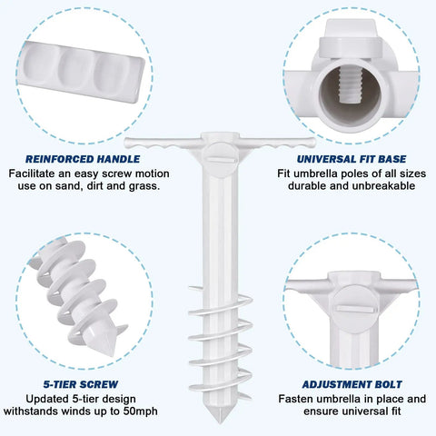 Diagram of Beach Umbrella Sand Anchor Heavy Duty Outdoor Stand Base with Five Spiral Screws and features highlighted