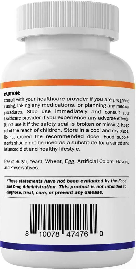 Back view of bottle with label for Lithium Orotate 20mg Veggie Caps Bioavailable Daily Brain Boost Supplement Non GMO Gluten Free Two Pack Third Party Tested for Easy Swallow Capsules Safe Choice.